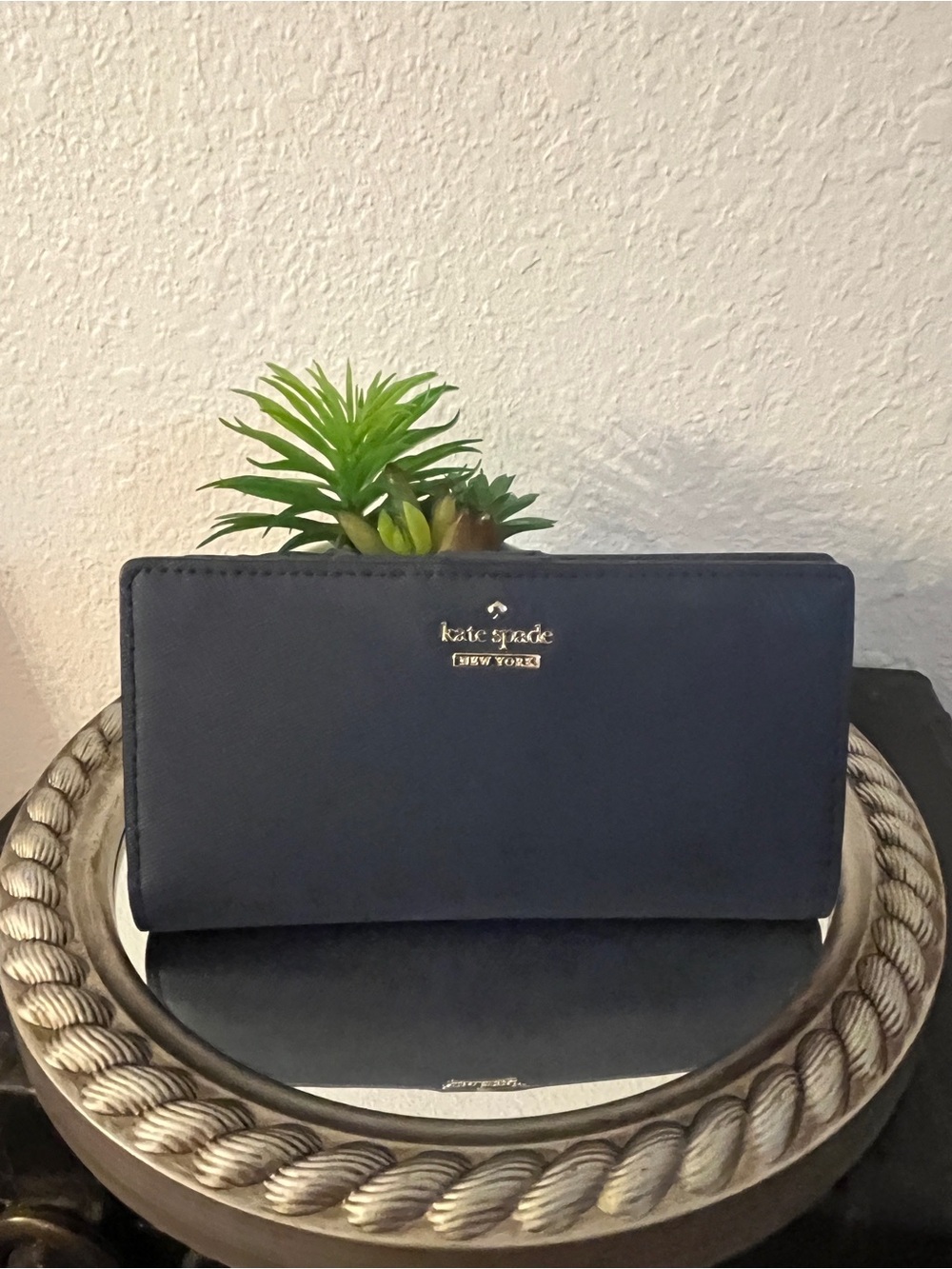 kate spade navy blue wallet with gold logo